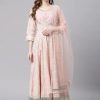 Women NOZ2TOZ | Women'S Light Pink Cotton Anarkali Gown Pant Set With Net Dupatta - Noz2Toz