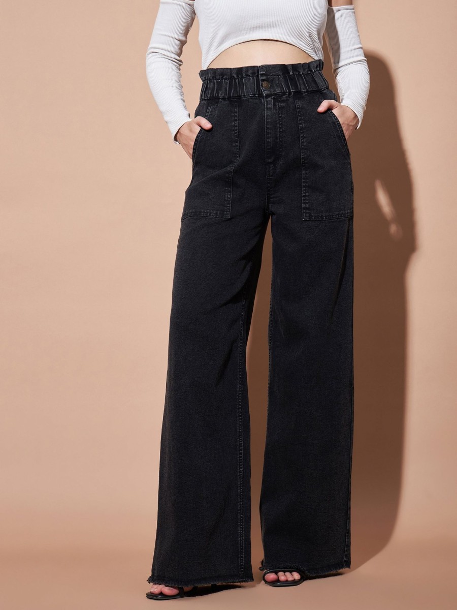 Women Lyush | Women'S Black Paper Bag Waist Straight Jeans - Lyush