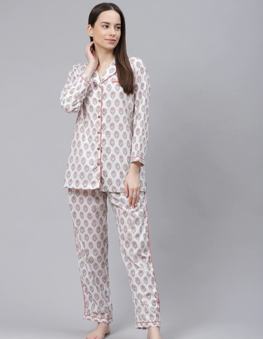 Women Wahe-NOOR | Women'S White Printed Cotton Night Suit - Wahenoor