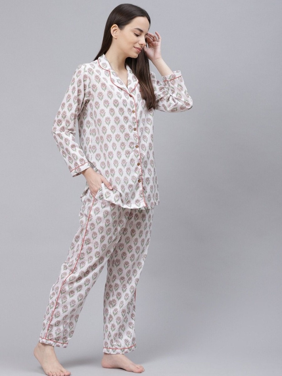 Women Wahe-NOOR | Women'S White Printed Cotton Night Suit - Wahenoor