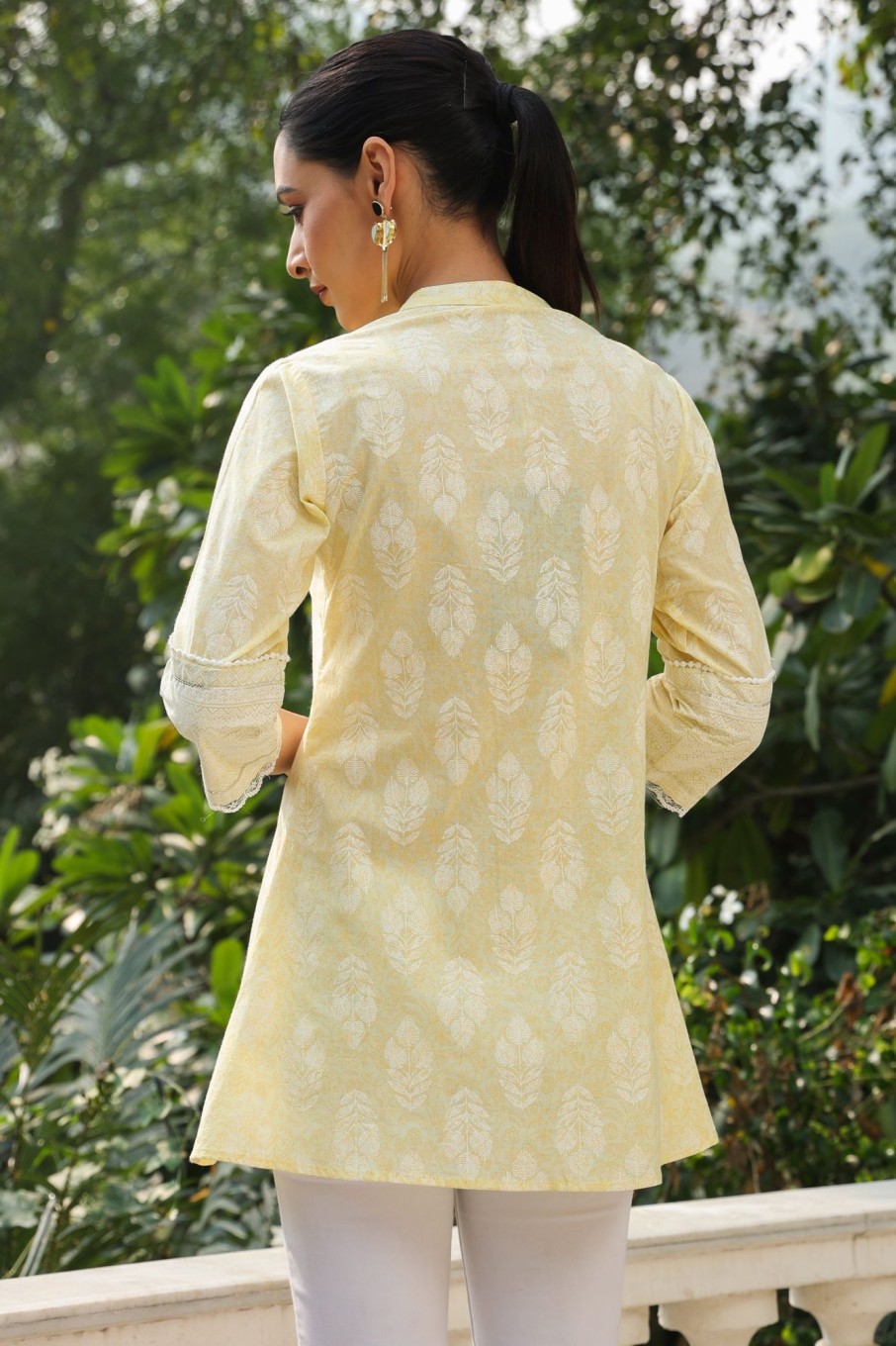 Women Juniper | Women'S Lime Cotton Cambric Printed A-Line Tunic - Juniper Yellow