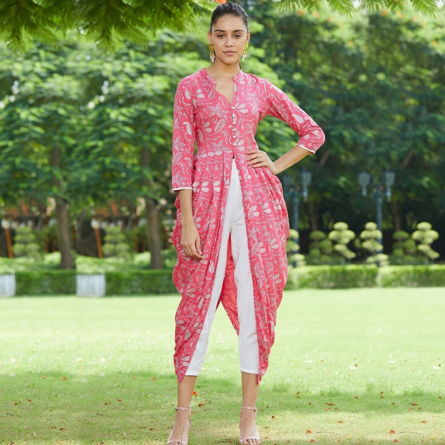 Women Pannkh | Women'S Foil Printed Cowl Kurta - Pannkh Pink