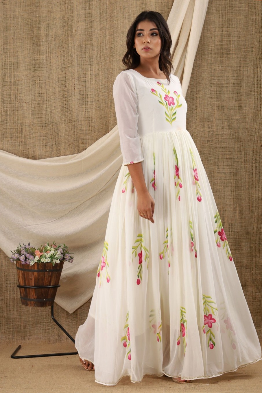 Women SARAS THE LABEL | Women'S White Chiffon Anarkali Dress (1Pc) - Saras The Label