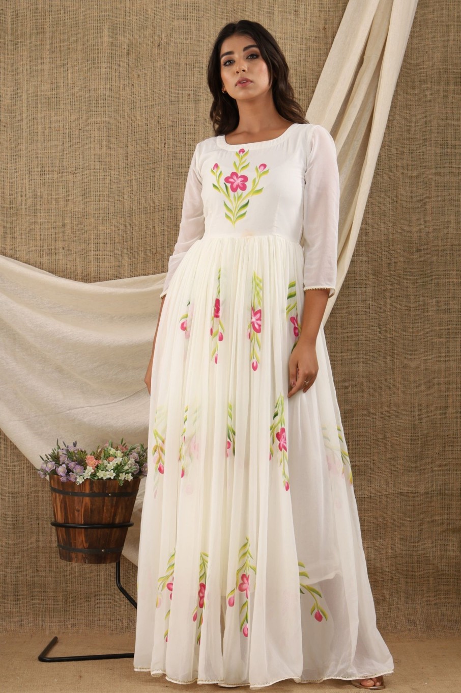 Women SARAS THE LABEL | Women'S White Chiffon Anarkali Dress (1Pc) - Saras The Label