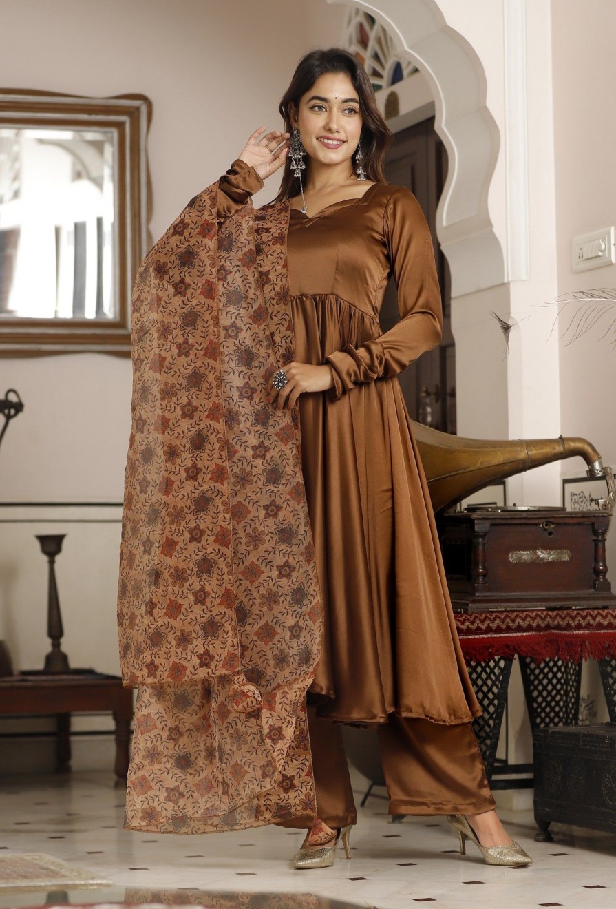 Women Lado Jaipuri | Women'S Silk Anarkali Set - Lado Jaipuri Brown