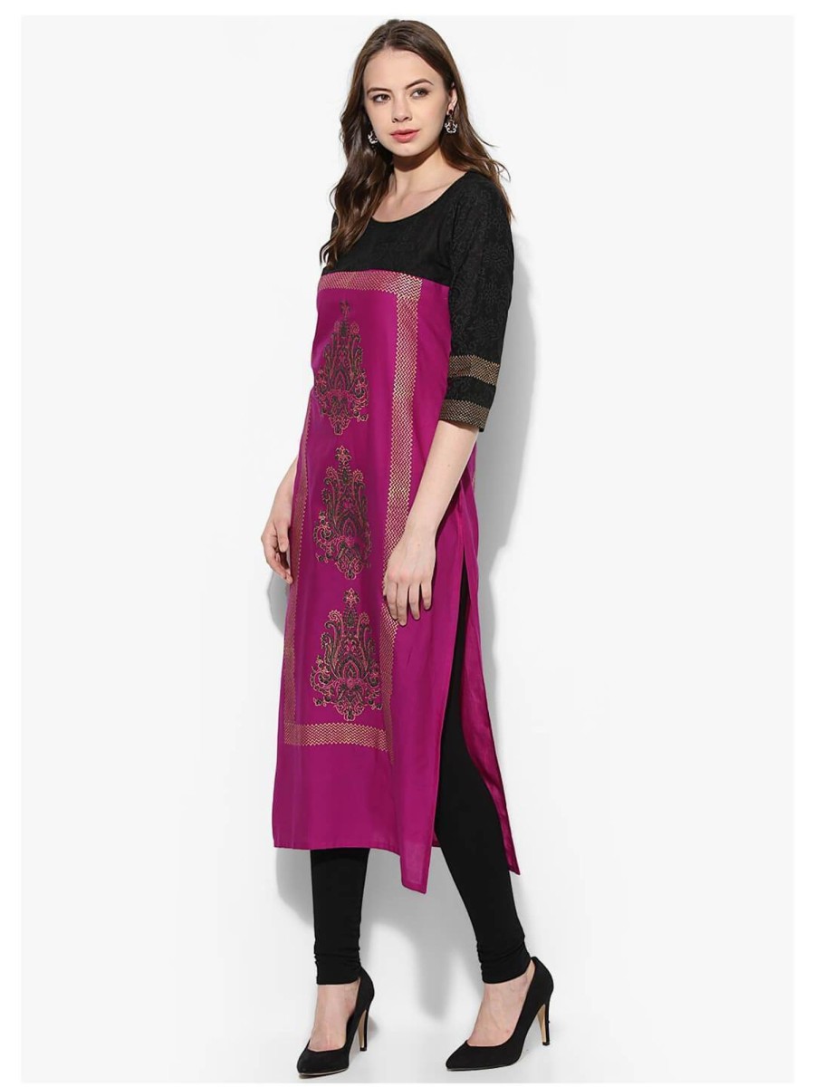 Women NOZ2TOZ | Women'S Purple Floral Ajrakh Hand Block Cotton Printed Straight Kurta - Noz2Toz