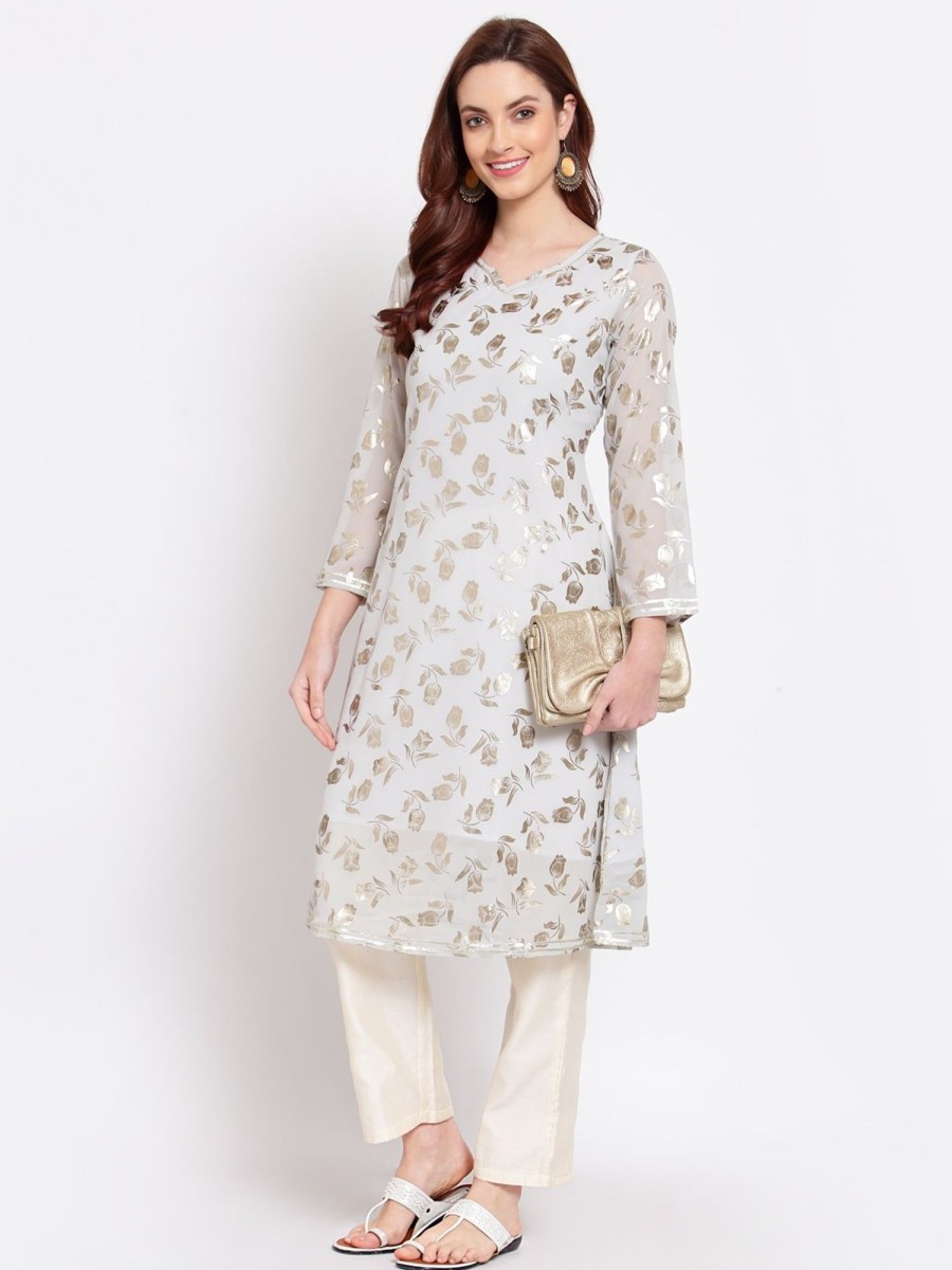 Women Myshka | Women'S Grey Printed Georgette 3/4 Sleeve Round Neck Casual Kurta - Myshka