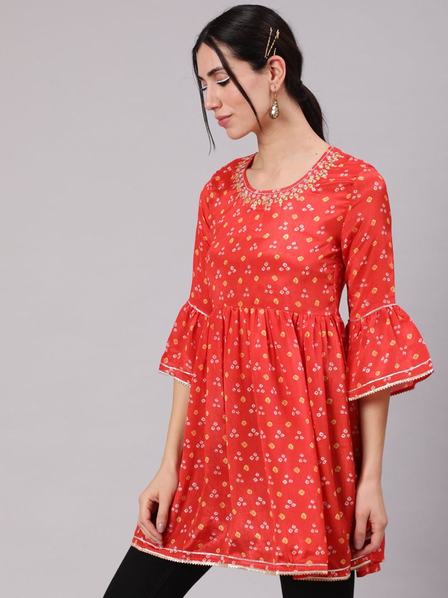 Women AKS | Women'S Printed Tunic With Embroidered Neck Detail - Aks Orange