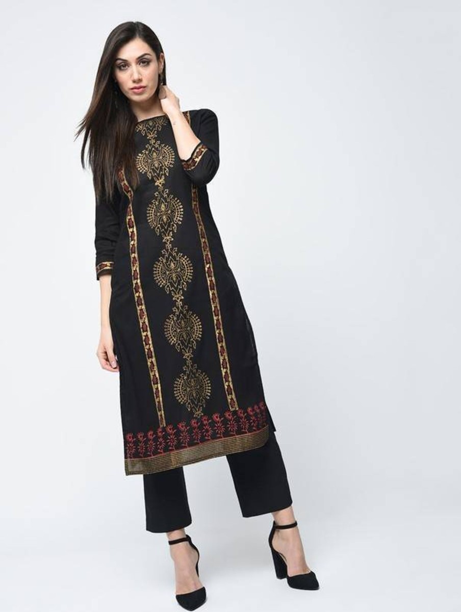 Women Aniyah | Women'S Block Printed Straight Kurta - Aniyah Black