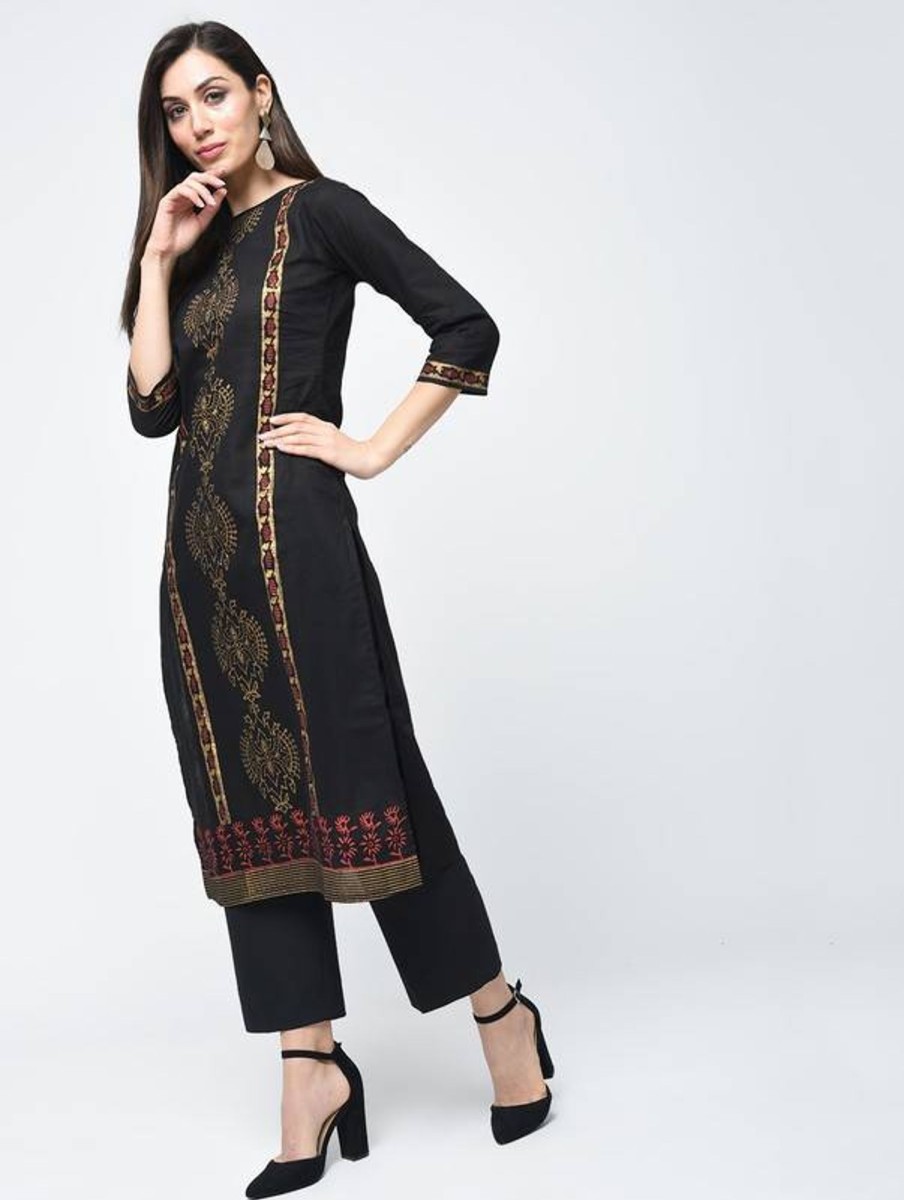 Women Aniyah | Women'S Block Printed Straight Kurta - Aniyah Black