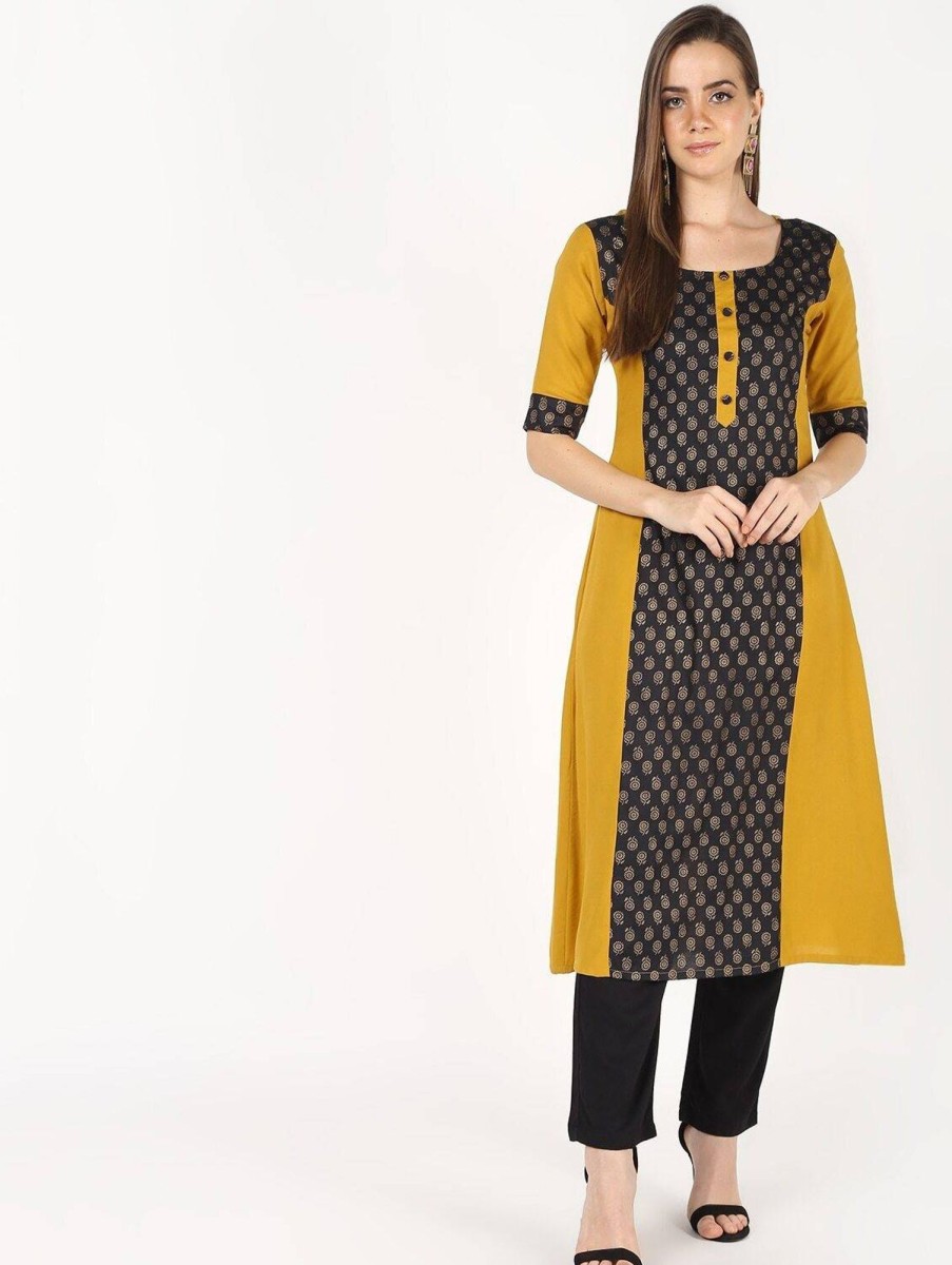 Women CHEERA | Women'S Mustard Front Printed Plain A-Line Kurta Only - Cheera