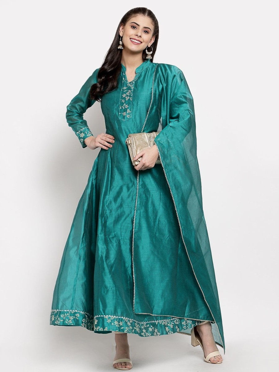 Women Myshka | Women'S Green Silk Solid Full Sleeve Mandarin Neck Casual Anarkali Gown - Myshka