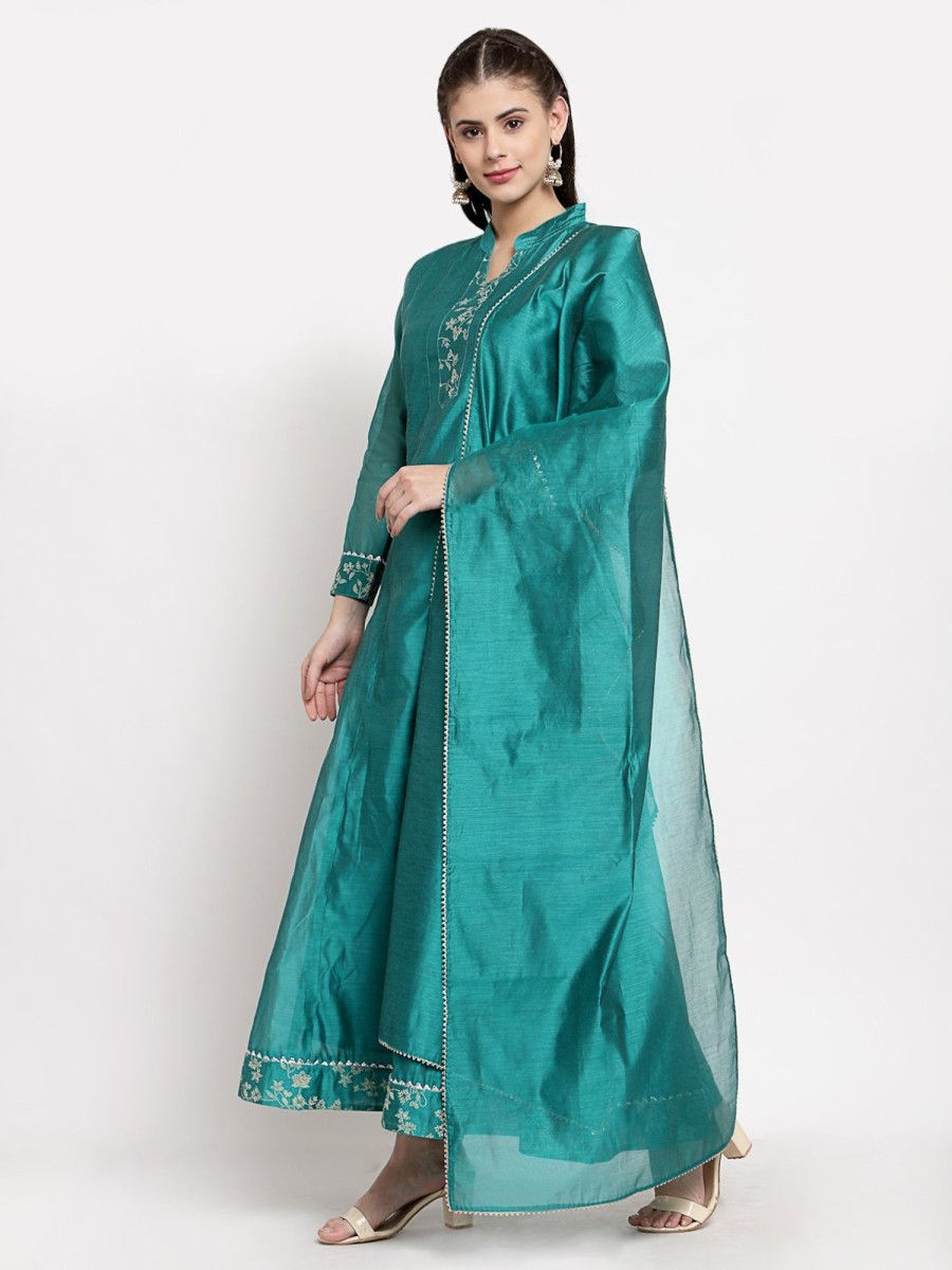 Women Myshka | Women'S Green Silk Solid Full Sleeve Mandarin Neck Casual Anarkali Gown - Myshka