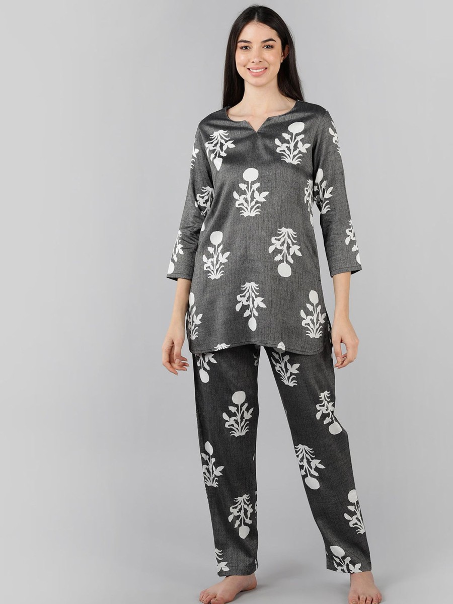 Women Ahika | Women'S Cotton Floral Printed Night Suit - Ahika Grey