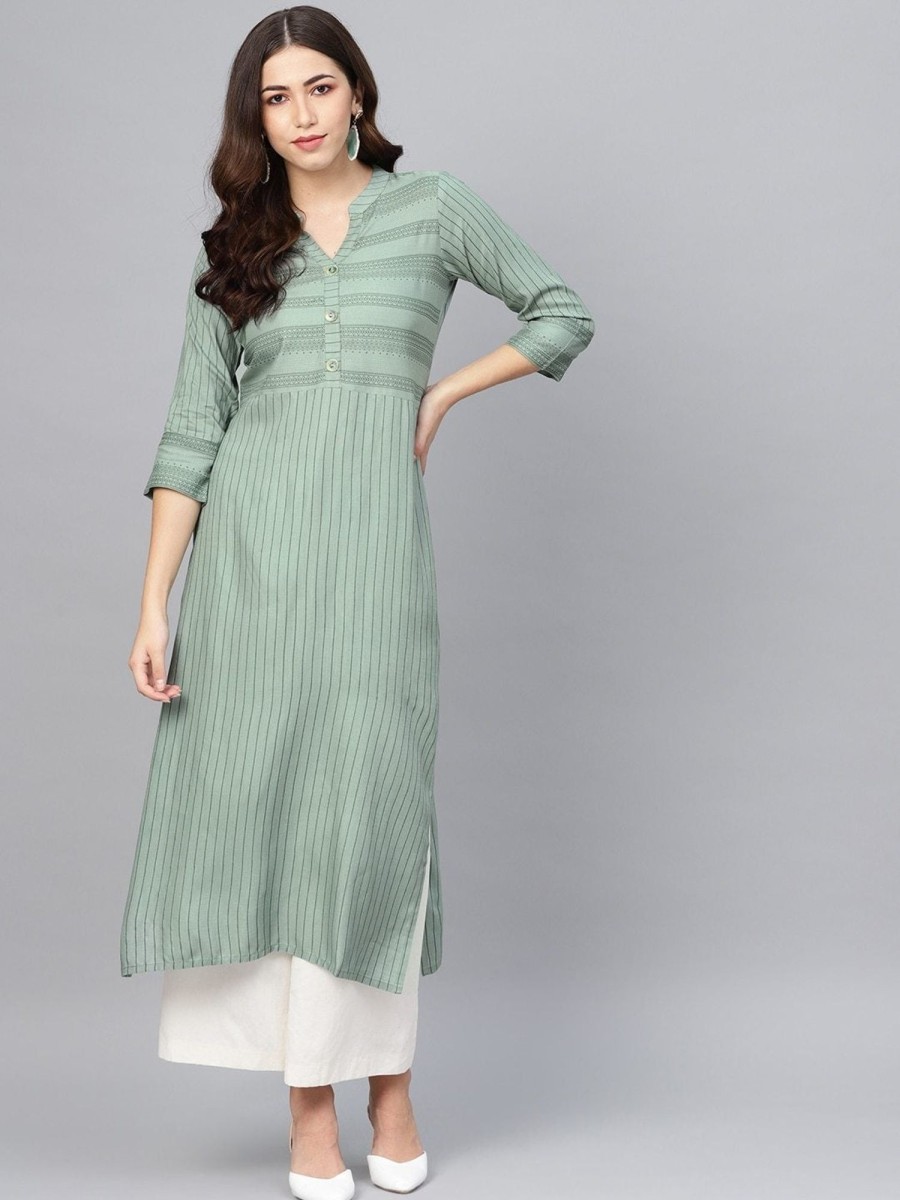 Women Meeranshi | Women'S Striped Straight Kurta - Meeranshi Green