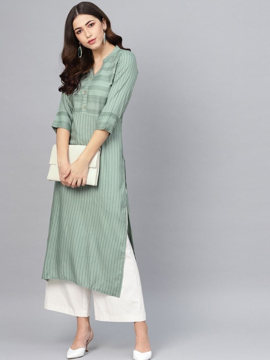 Women Meeranshi | Women'S Striped Straight Kurta - Meeranshi Green