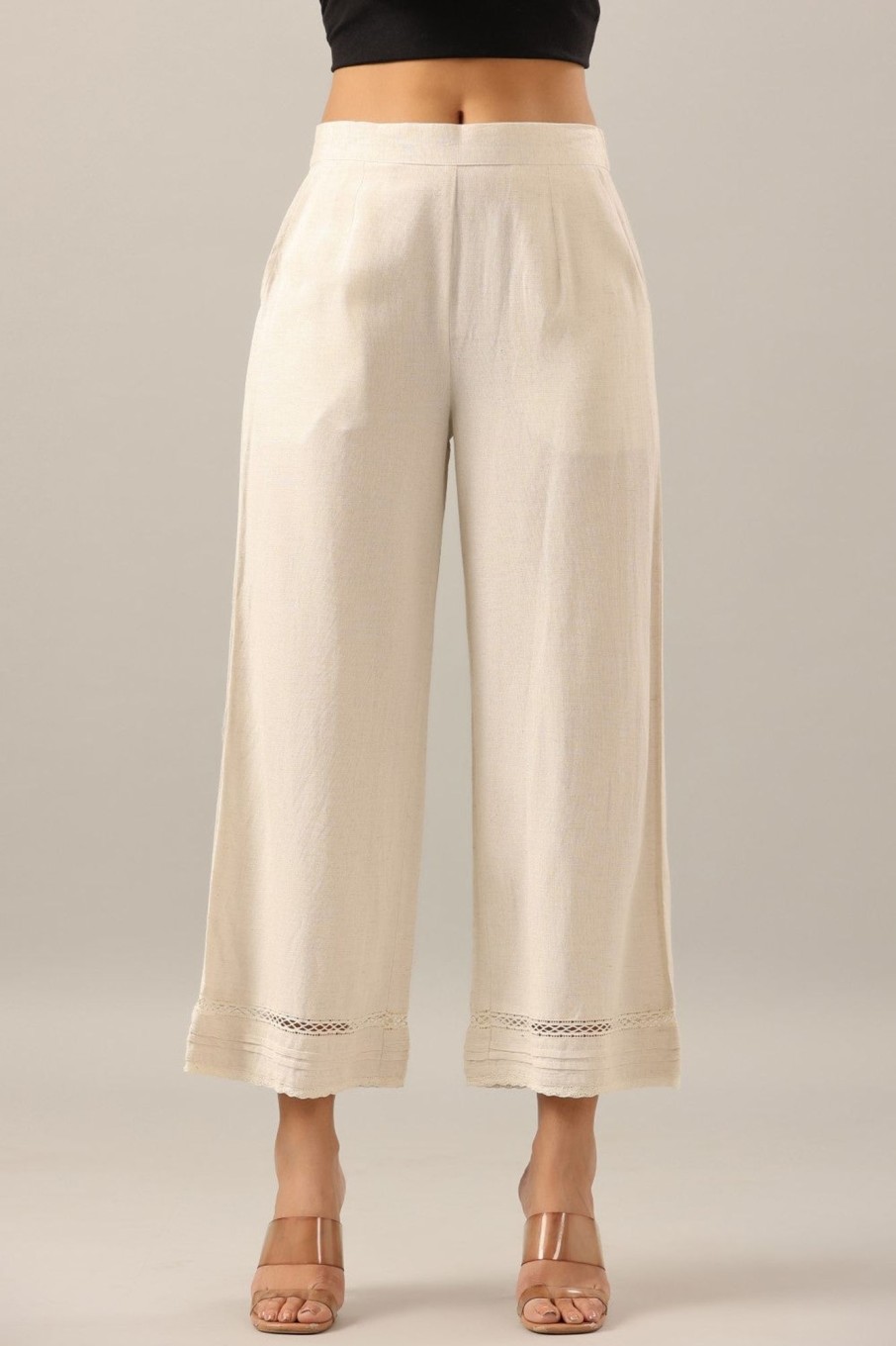 Women Juniper | Women'S Rayon Flax Solid Palazzo - Juniper Off-White