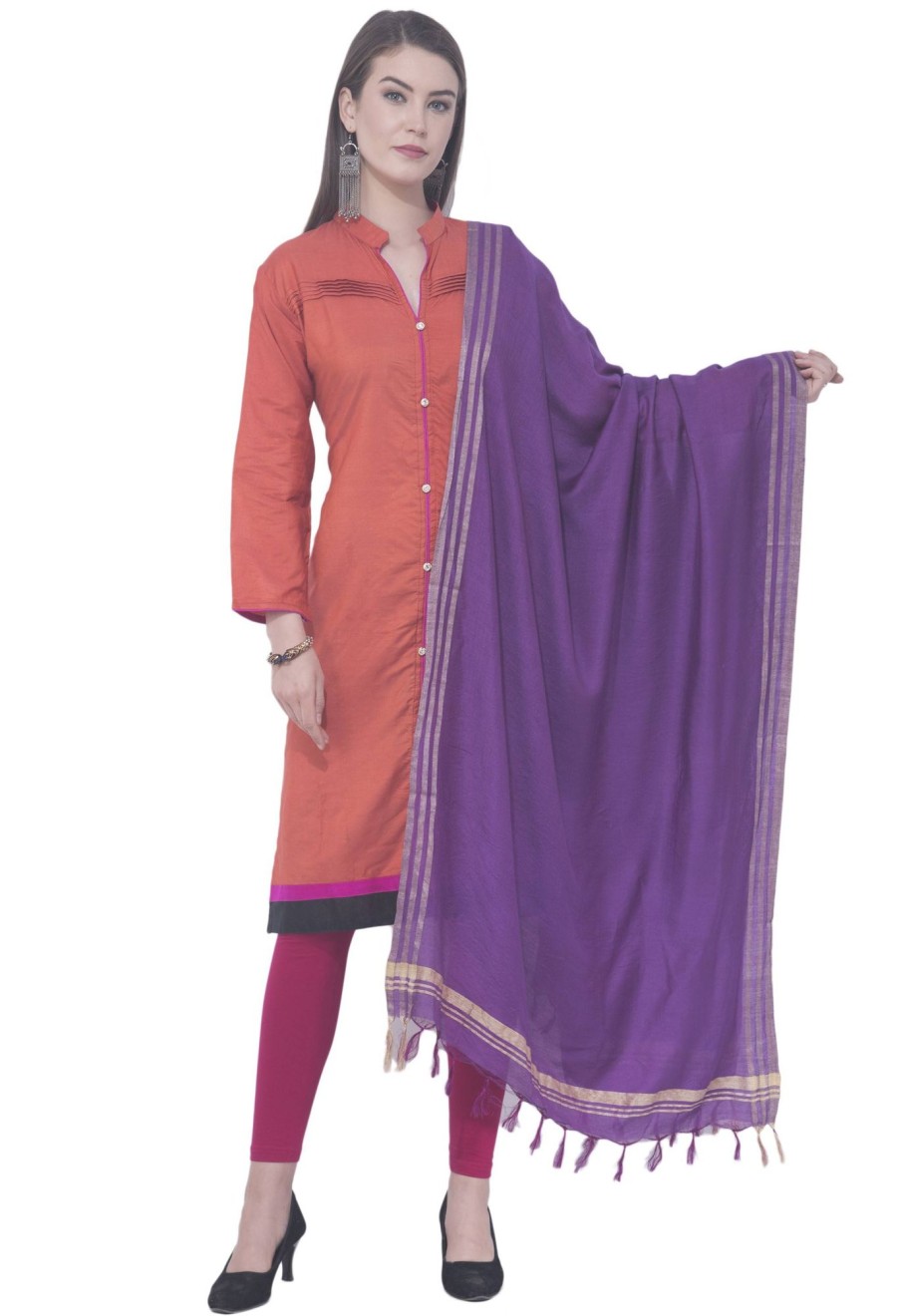 Women AR Silks | A R Silk Color Golden Border Cotton Dupattas And Chunnis Purple