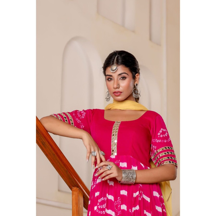 Women Rangpur | Women'S Magenta Mirror Anarkali Kurtawith Dupatta - Rangpur Pink