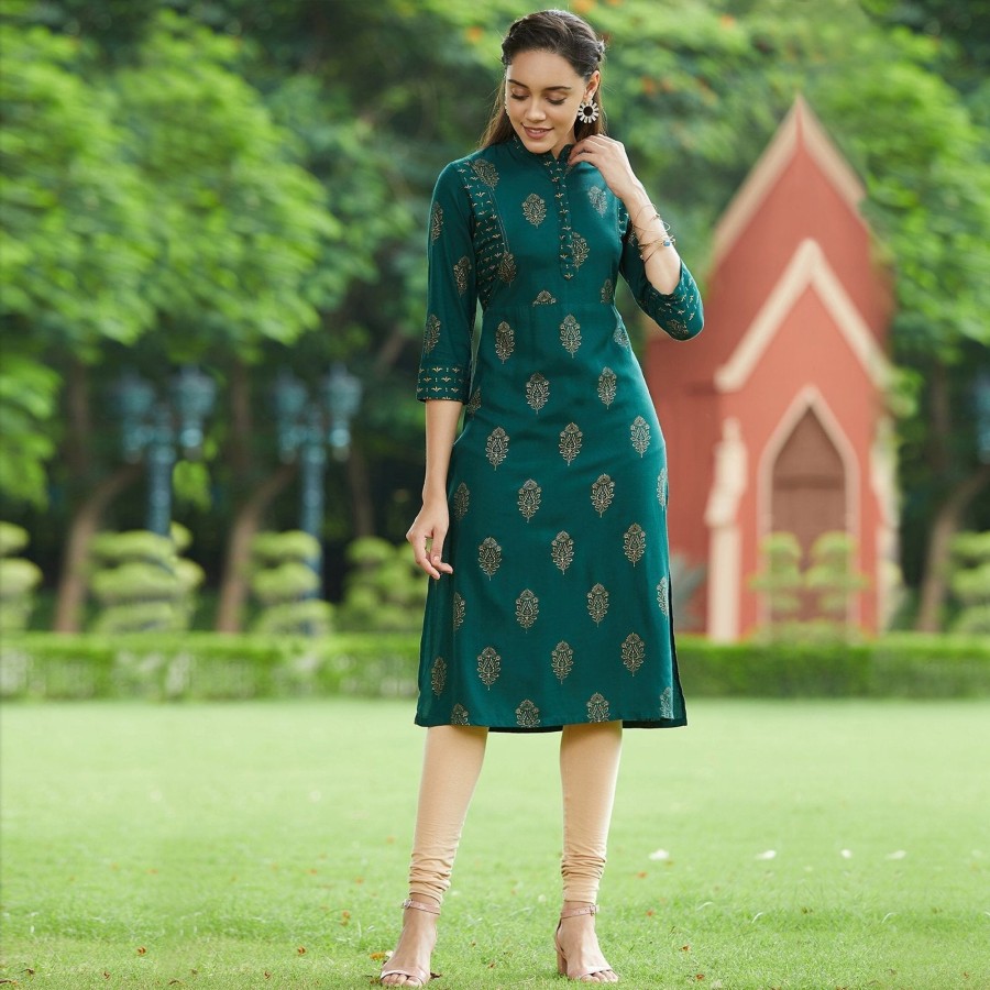 Women Pannkh | Women'S Golden Print Straight Kurta - Pannkh Green