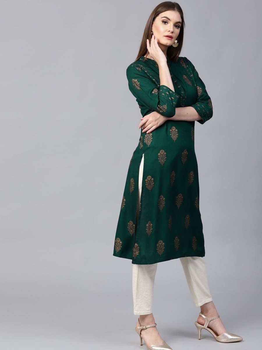 Women Pannkh | Women'S Golden Print Straight Kurta - Pannkh Green