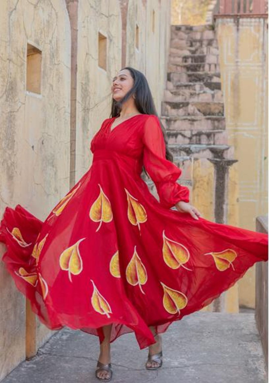 Women SARAS THE LABEL | Women'S Banno Hand Painted Bell Sleeves Gown - Saras The Label Red