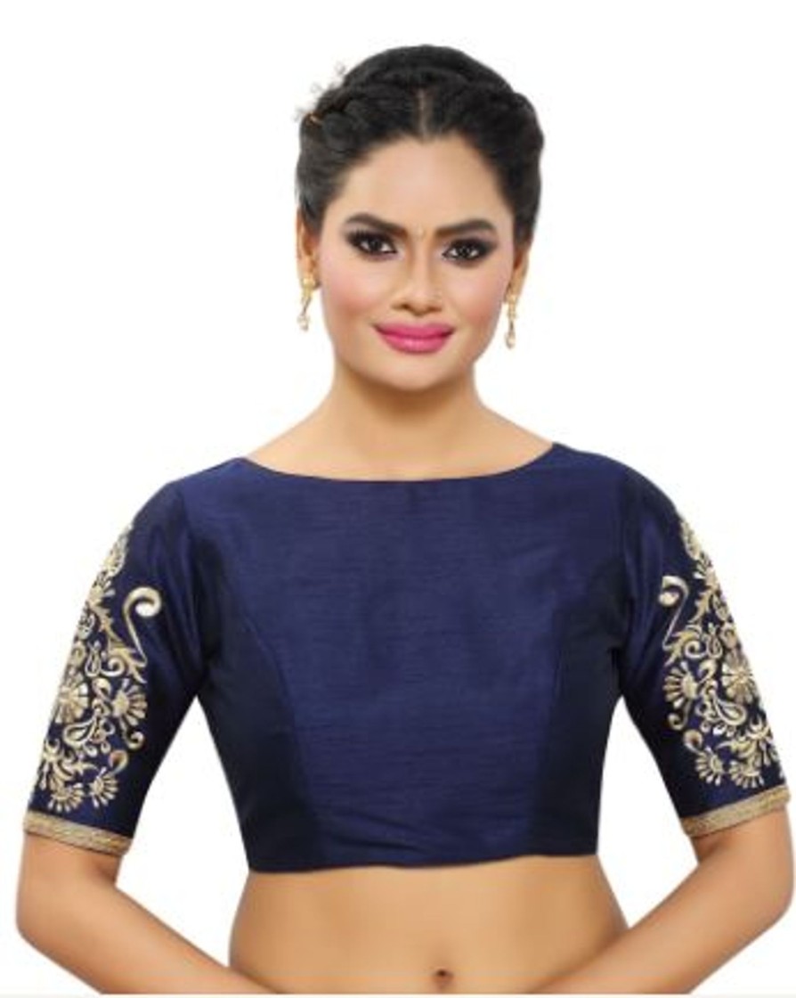 Women Madhu Fashion | Women'S Poly Raw Silk Readymade Saree Blouse With Embroidered Sleeves - Madhu Fashion Blue