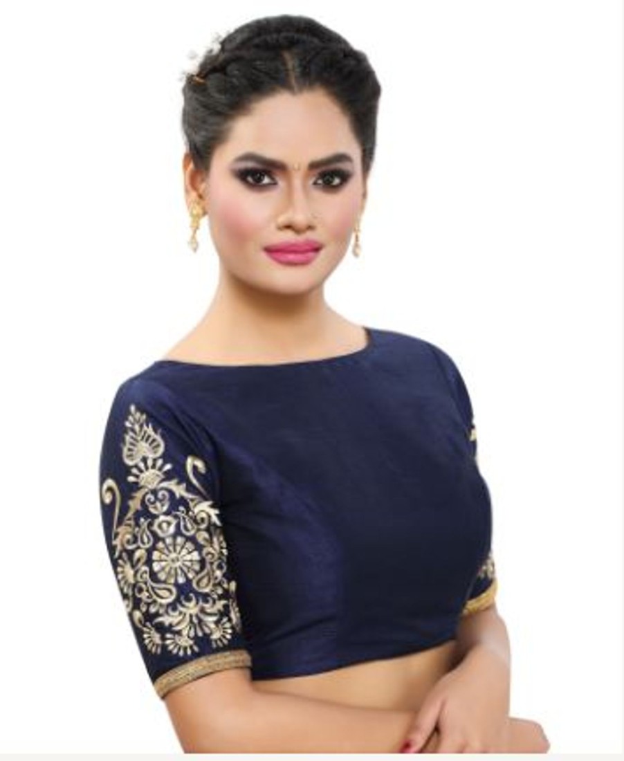 Women Madhu Fashion | Women'S Poly Raw Silk Readymade Saree Blouse With Embroidered Sleeves - Madhu Fashion Blue