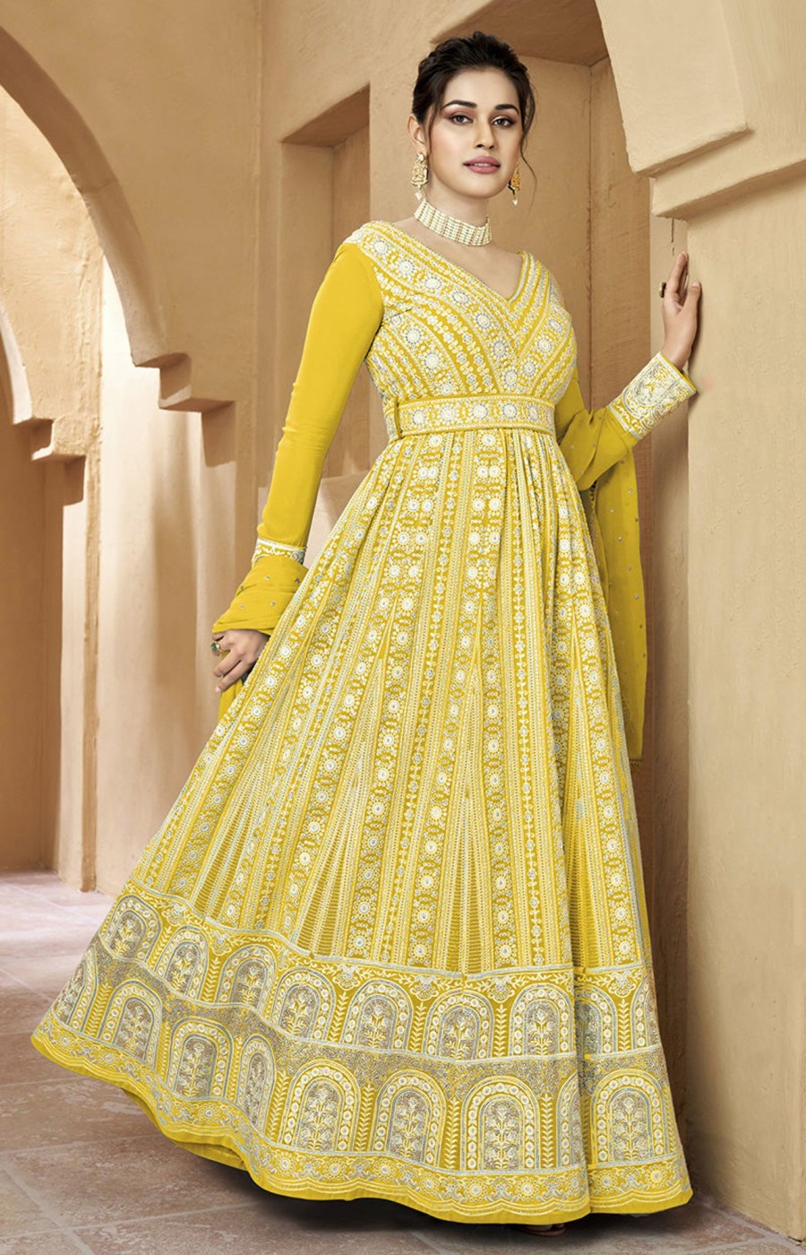 Women Monjolika | Women'S Georgette Semi Stitched Embroidered Palazzo Suit - Monjolika Yellow