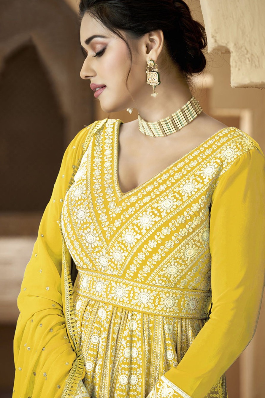 Women Monjolika | Women'S Georgette Semi Stitched Embroidered Palazzo Suit - Monjolika Yellow