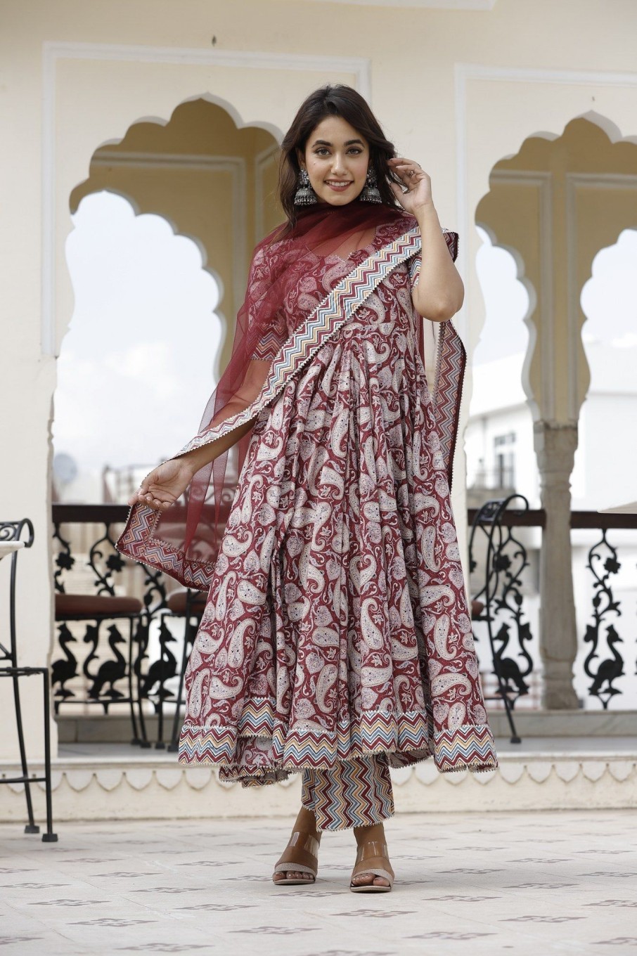 Women Lado Jaipuri | Women'S Paisley Printed Anarkali Set - Lado Jaipuri Maroon