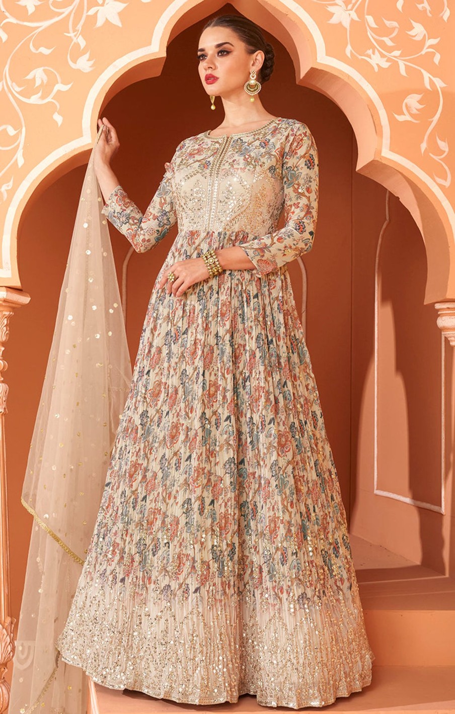 Women Monjolika | Women'S Color Printed Georgette Designer Partywear Suit - Monjolika Beige