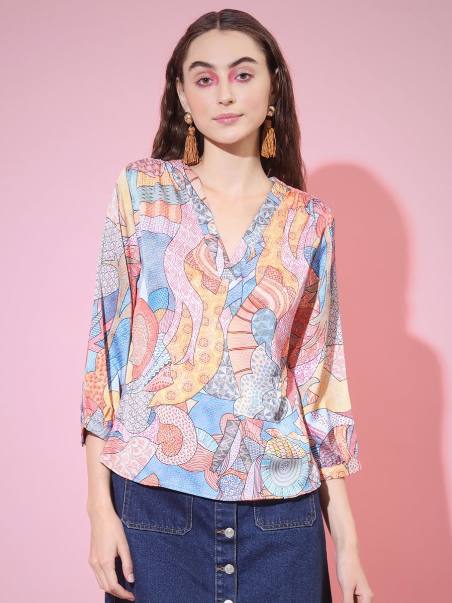 Women Myshka | Women'S Multi Printed V-Neck Top - Myshka Multi Color