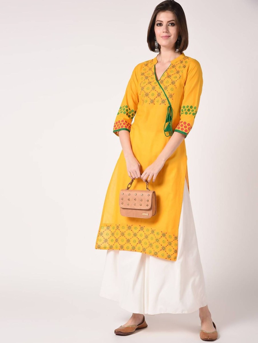 Women CHEERA | Women'S Mustard Hand Block Print Straight Kurta Only - Cheera