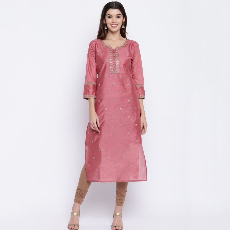 Women Vbuyz | Women'S Sequence Work/Hand Work Straight Chanderi Dark Peach Kurta Only - Vbuyz