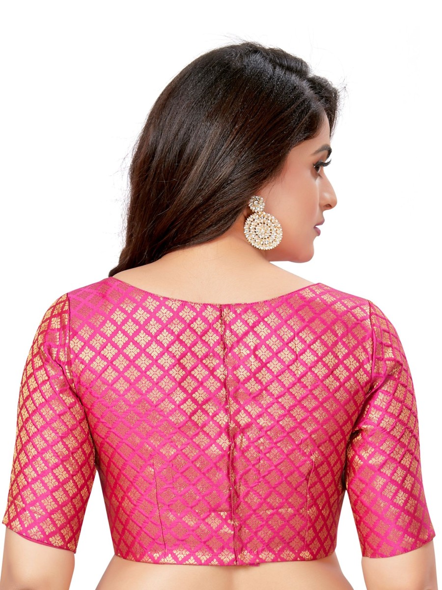 Women Madhu Fashion | Women'S Brocade Elbow Length Sleeves Readymade Saree Blouse - Madhu Fashion Pink