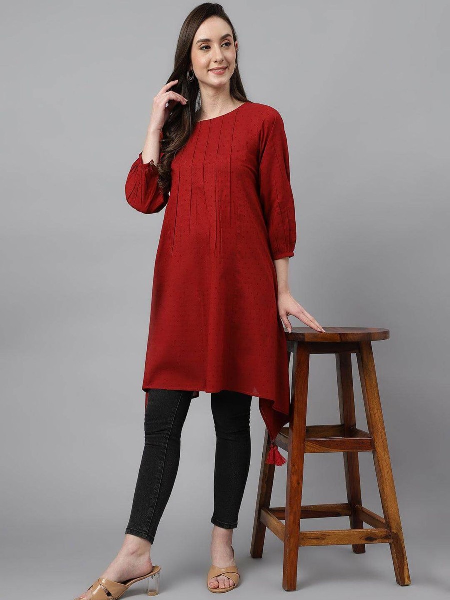 Women Janasya | Women'S Dobby Cotton Solid Handkerchief Tunic - Janasya Maroon