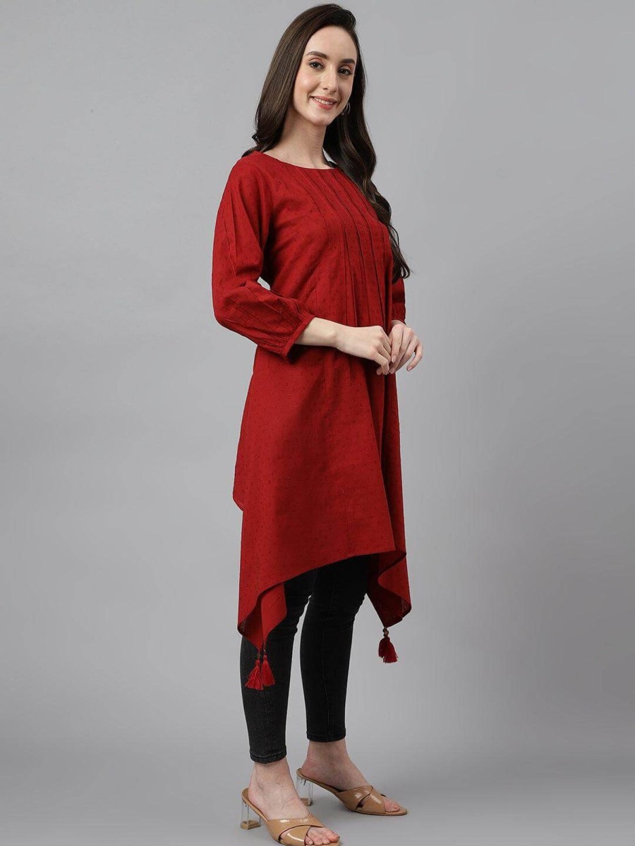 Women Janasya | Women'S Dobby Cotton Solid Handkerchief Tunic - Janasya Maroon