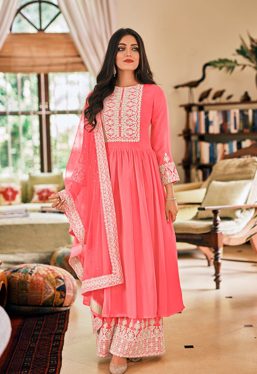 Women Monjolika | Women'S Pink Embroidered Georgette Sharara Salwar Kameez - Monjolika