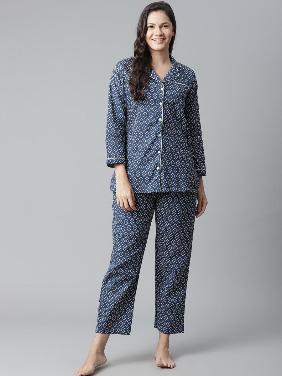 Women Wahe-NOOR | Women'S Indigo Printed Cotton Nightsuit - Wahenoor