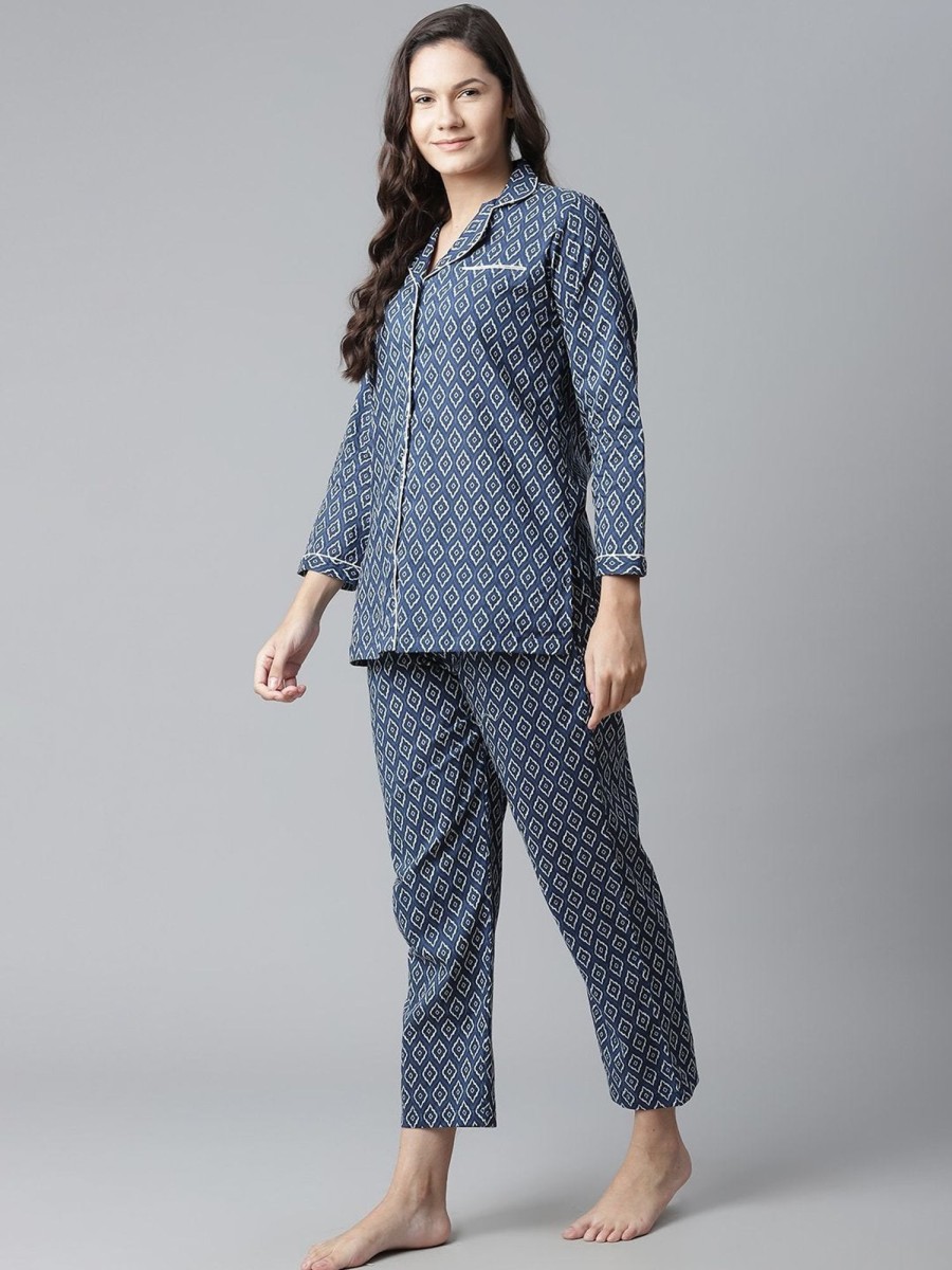 Women Wahe-NOOR | Women'S Indigo Printed Cotton Nightsuit - Wahenoor