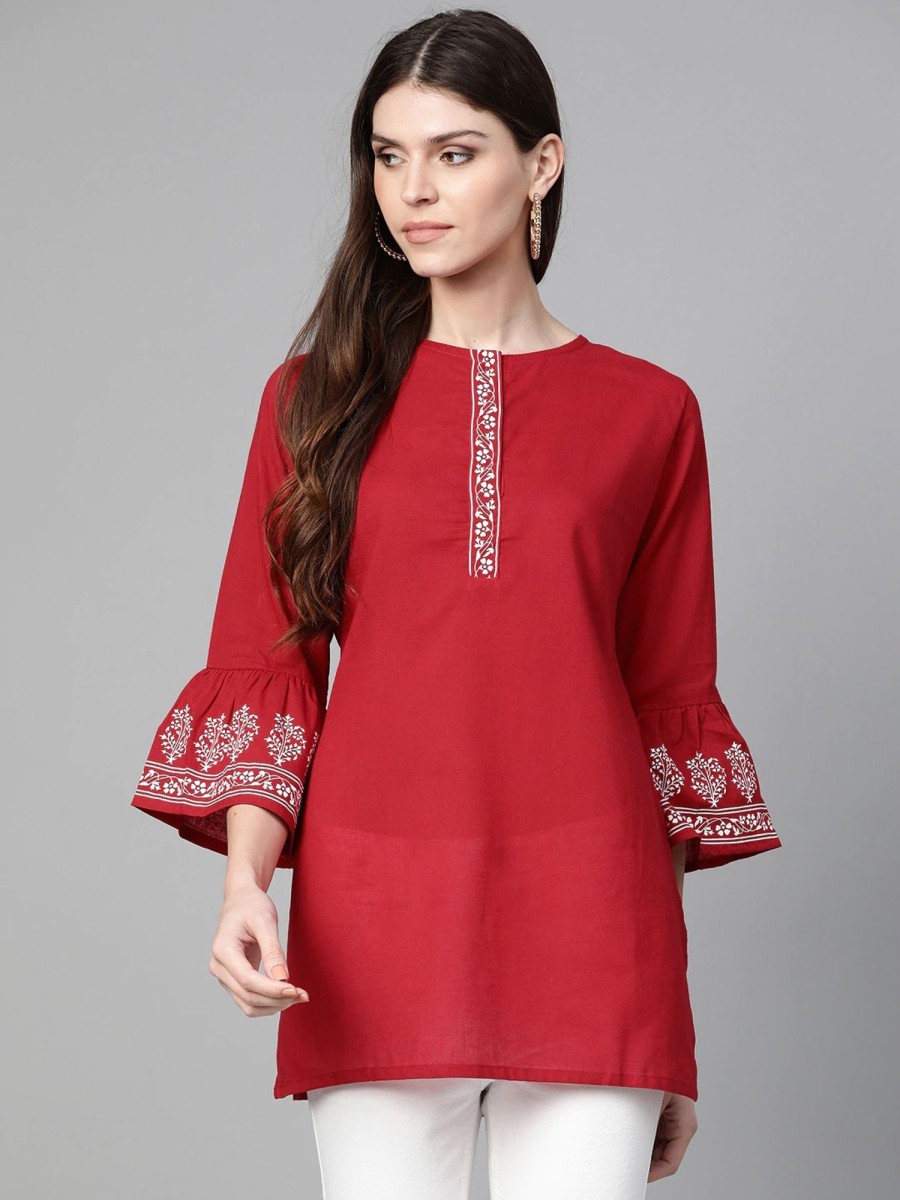 Women Wahe-NOOR | Women'S Straight Maroon Bell Sleeved Tunic - Wahe-Noor