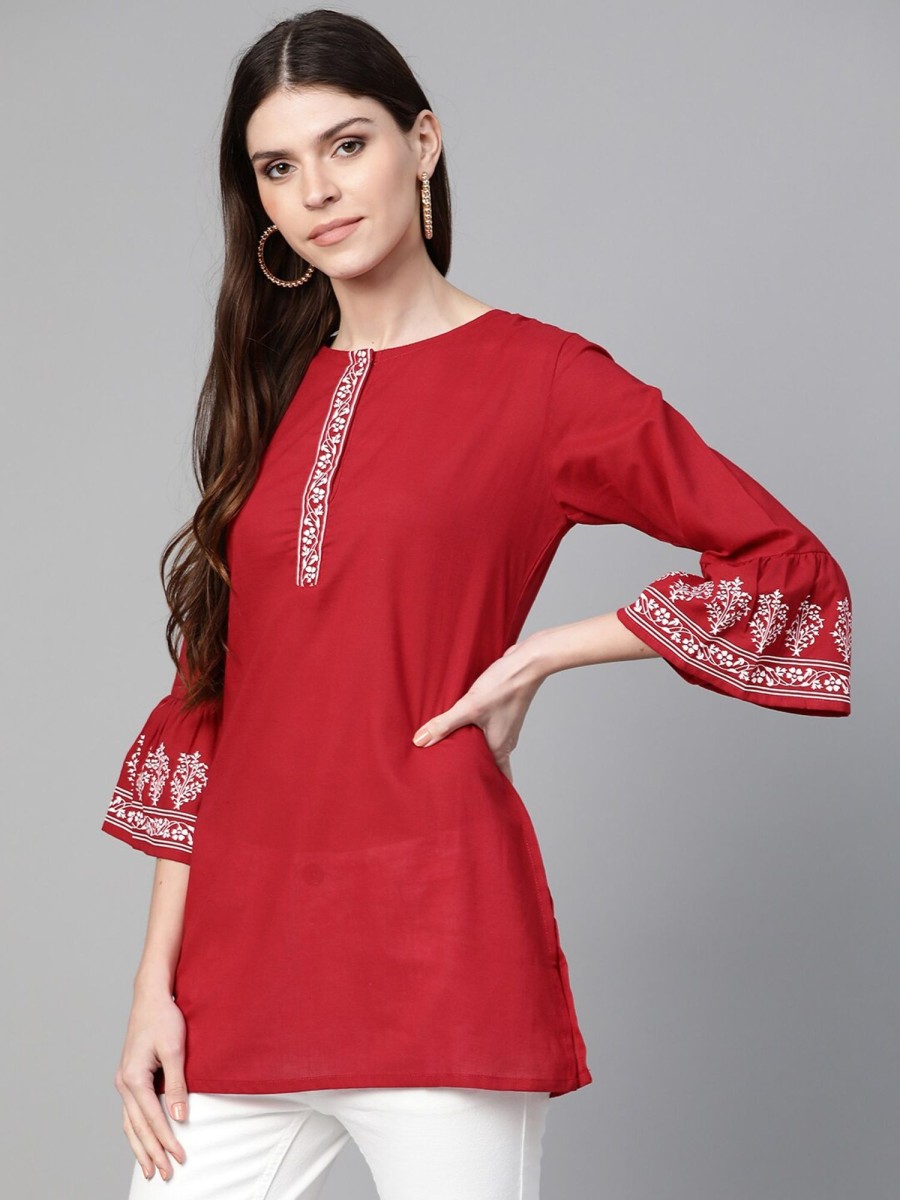 Women Wahe-NOOR | Women'S Straight Maroon Bell Sleeved Tunic - Wahe-Noor