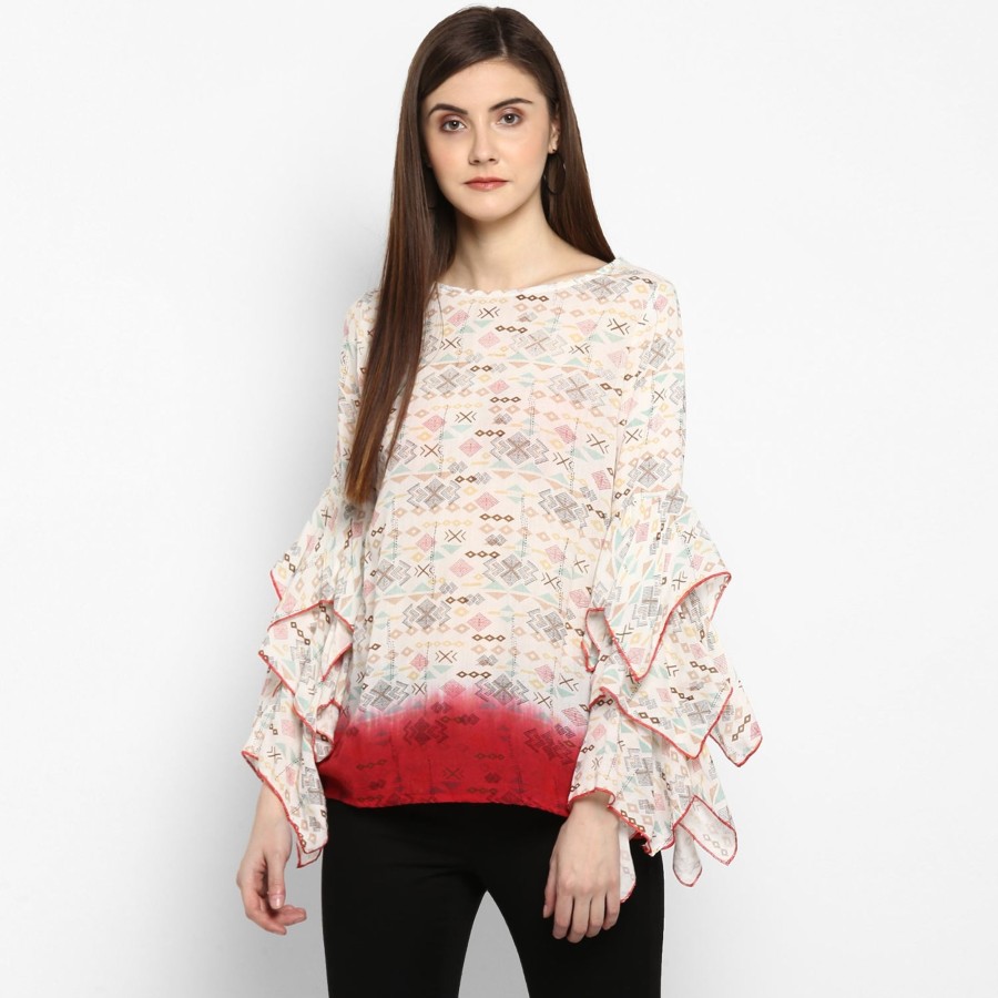 Women StyleStone | Women'S Printed And Ombre Power Sleeve Top - Stylestone Off White And Red