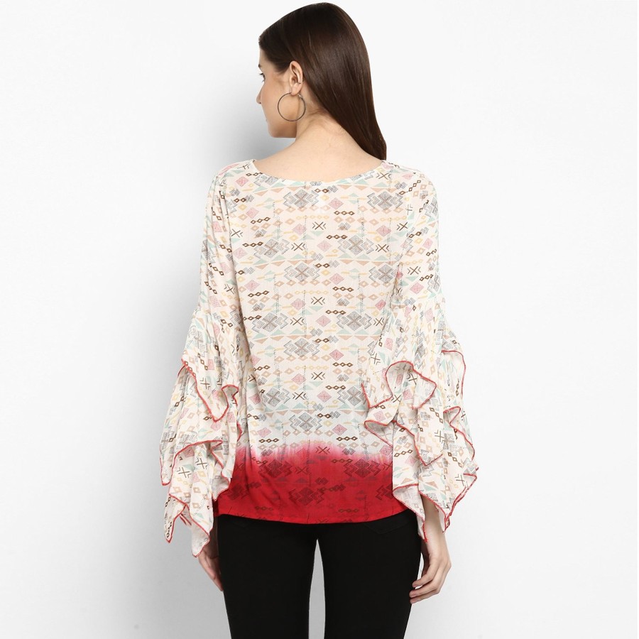 Women StyleStone | Women'S Printed And Ombre Power Sleeve Top - Stylestone Off White And Red