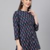 Women Janasya | Women'S Floral Print Navy Cotton Tops - Janasya Blue