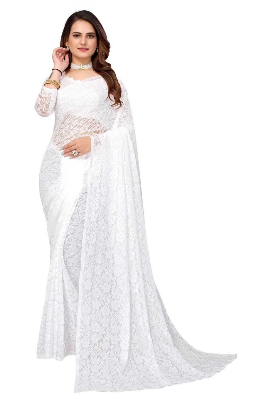 Women Vamika | Women'S Pearls Net Saree - Vamika White