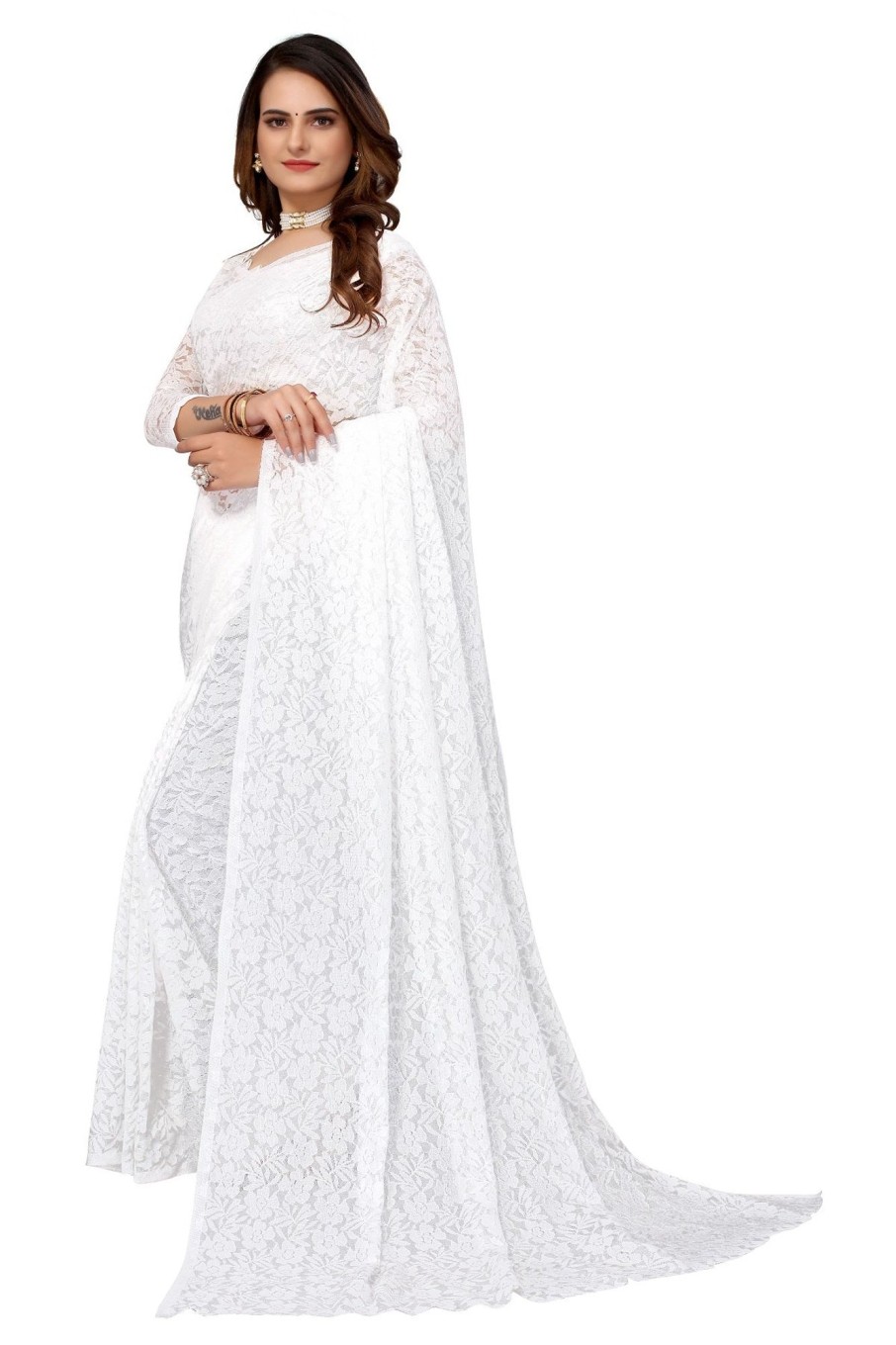 Women Vamika | Women'S Pearls Net Saree - Vamika White