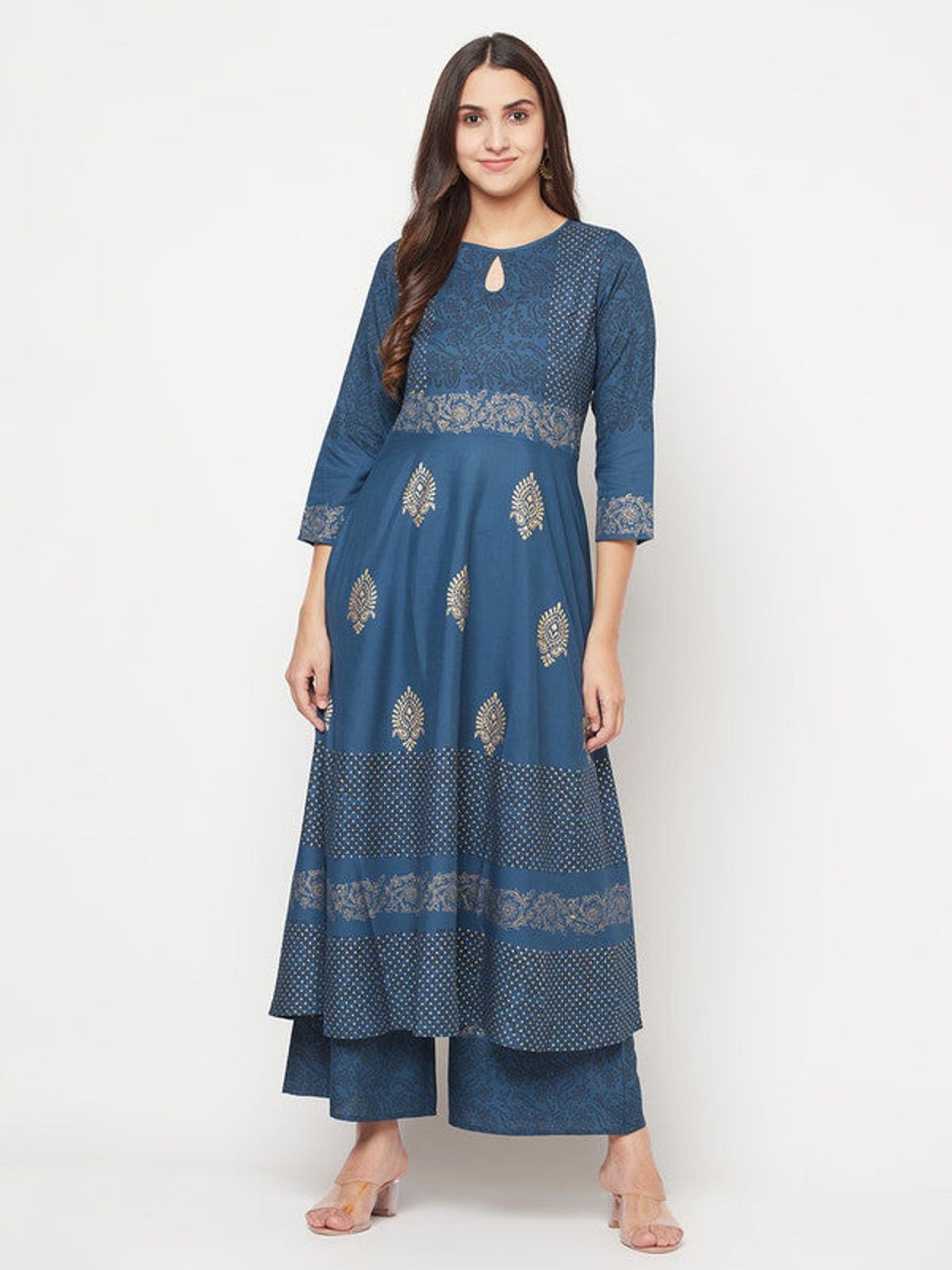 Women Aniyah | Women'S Rayon Block Print Anarkali Palazzo Set, Aniyah Blue