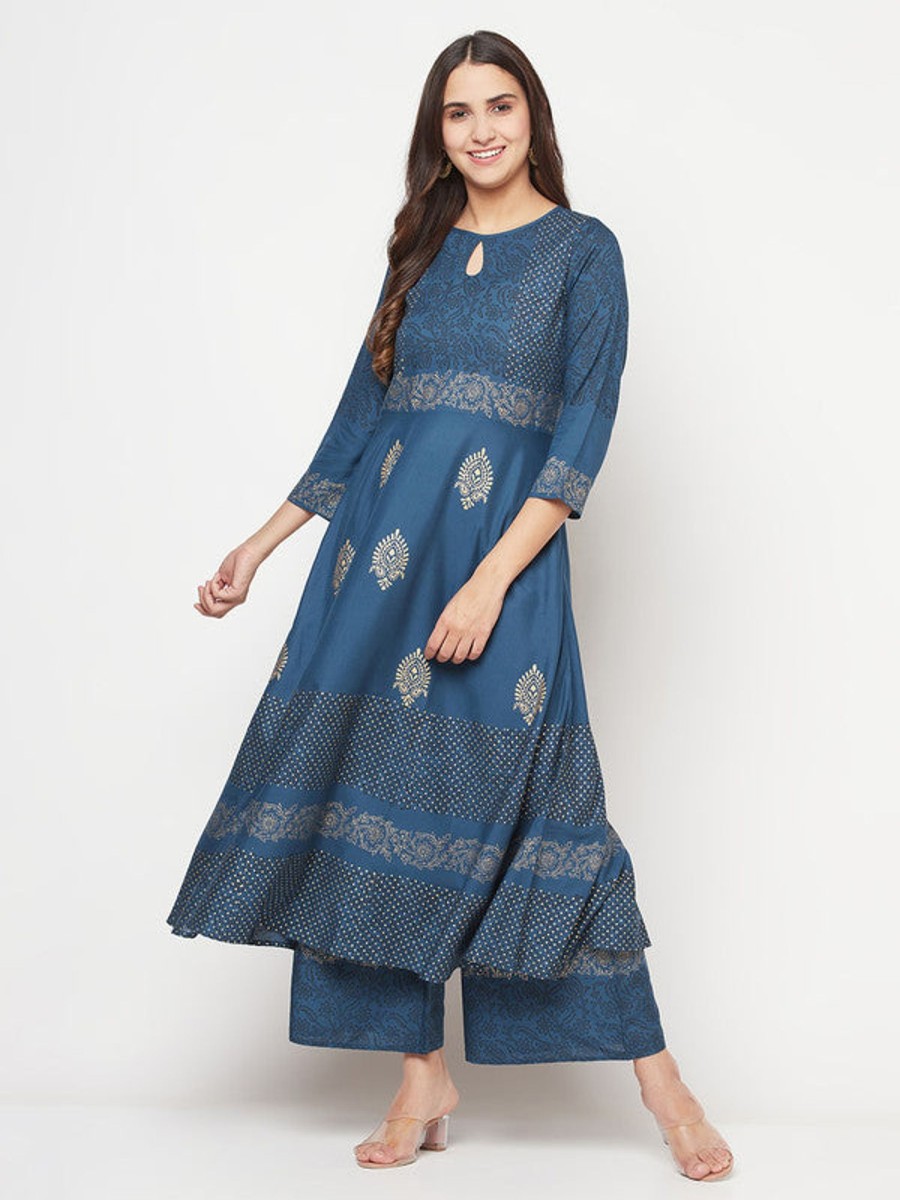 Women Aniyah | Women'S Rayon Block Print Anarkali Palazzo Set, Aniyah Blue